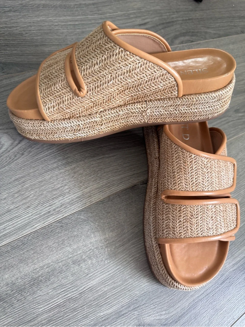 Silent D Platform Slide Sandals Tan Rafia Braided Espadrille 38/7 Summer Resort